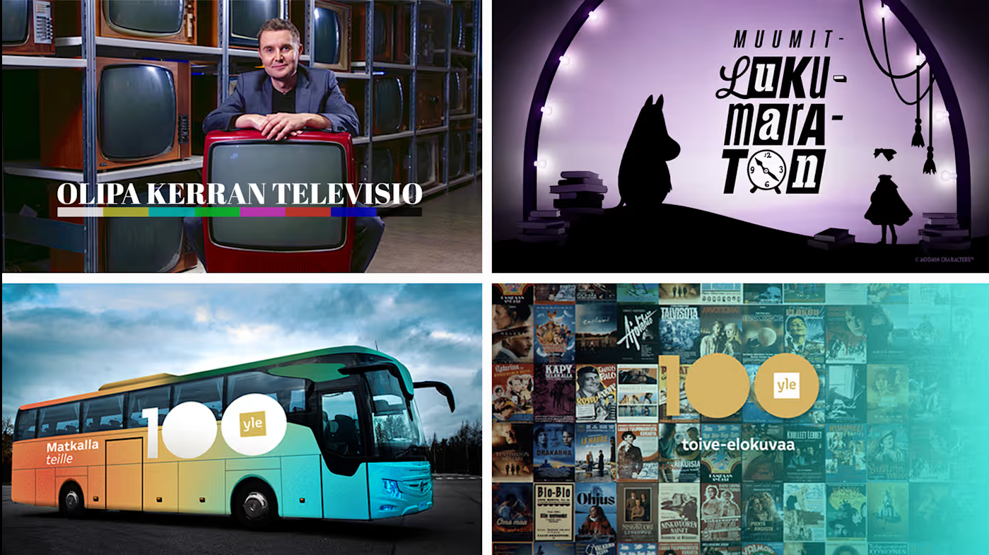 Kooste Yle 100 -sisällöistä, mukana mm. Yle-bussi ja Joonas Nordman.